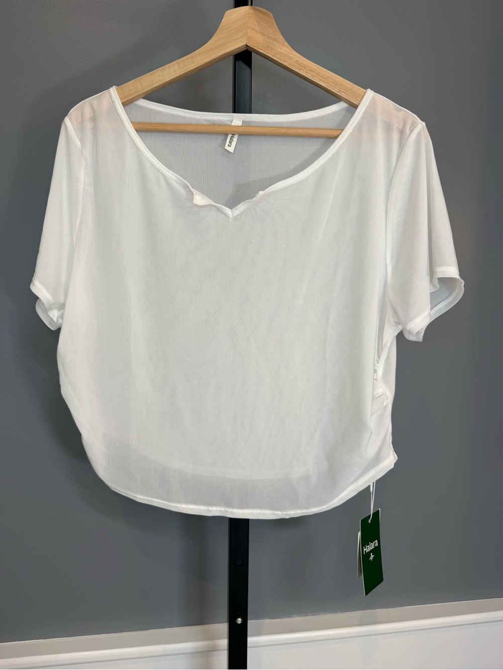Halara SoftlyZero Plush Crossover Mesh Short Sleeve Top White XL NWT